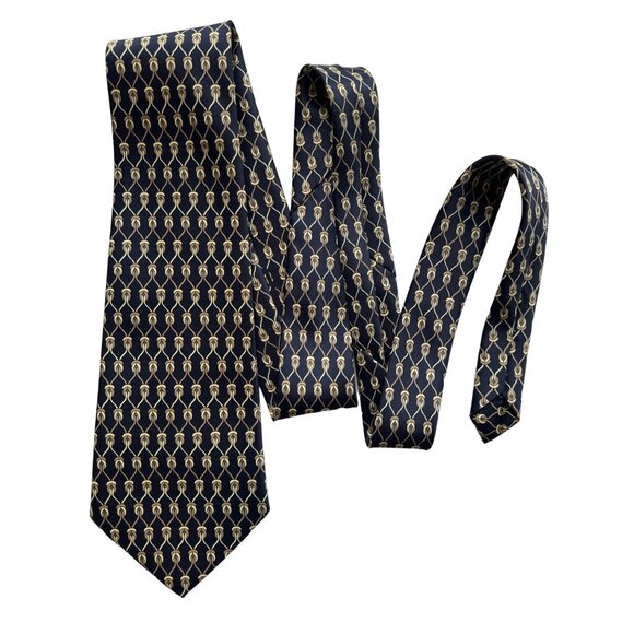 Rene Chagal Men's Handmade Necktie Tie Myung Ju Silk Navy Blue Tan 52x4 inch - Picture 4 of 7